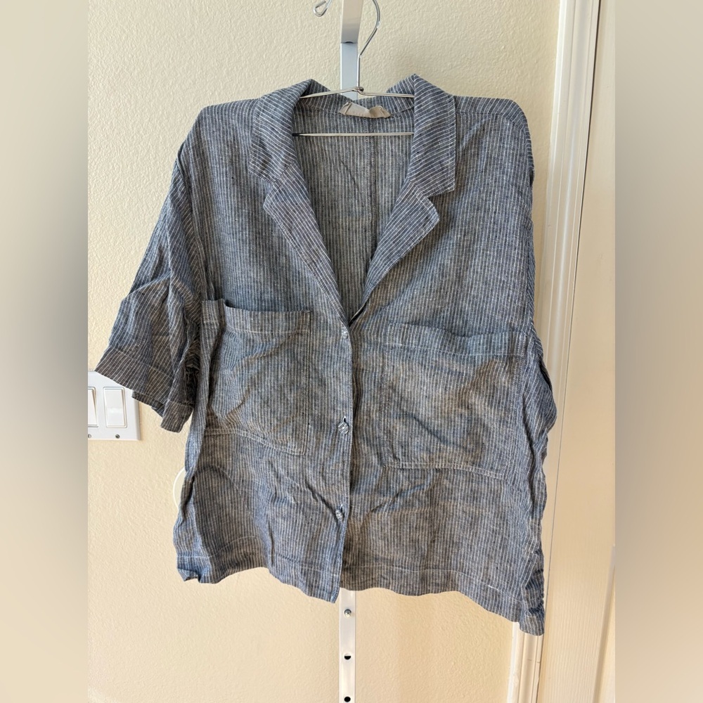 Everlane The Linen Workwear Shirt in Navy Stripe - Size XL - Picture 4 of 7